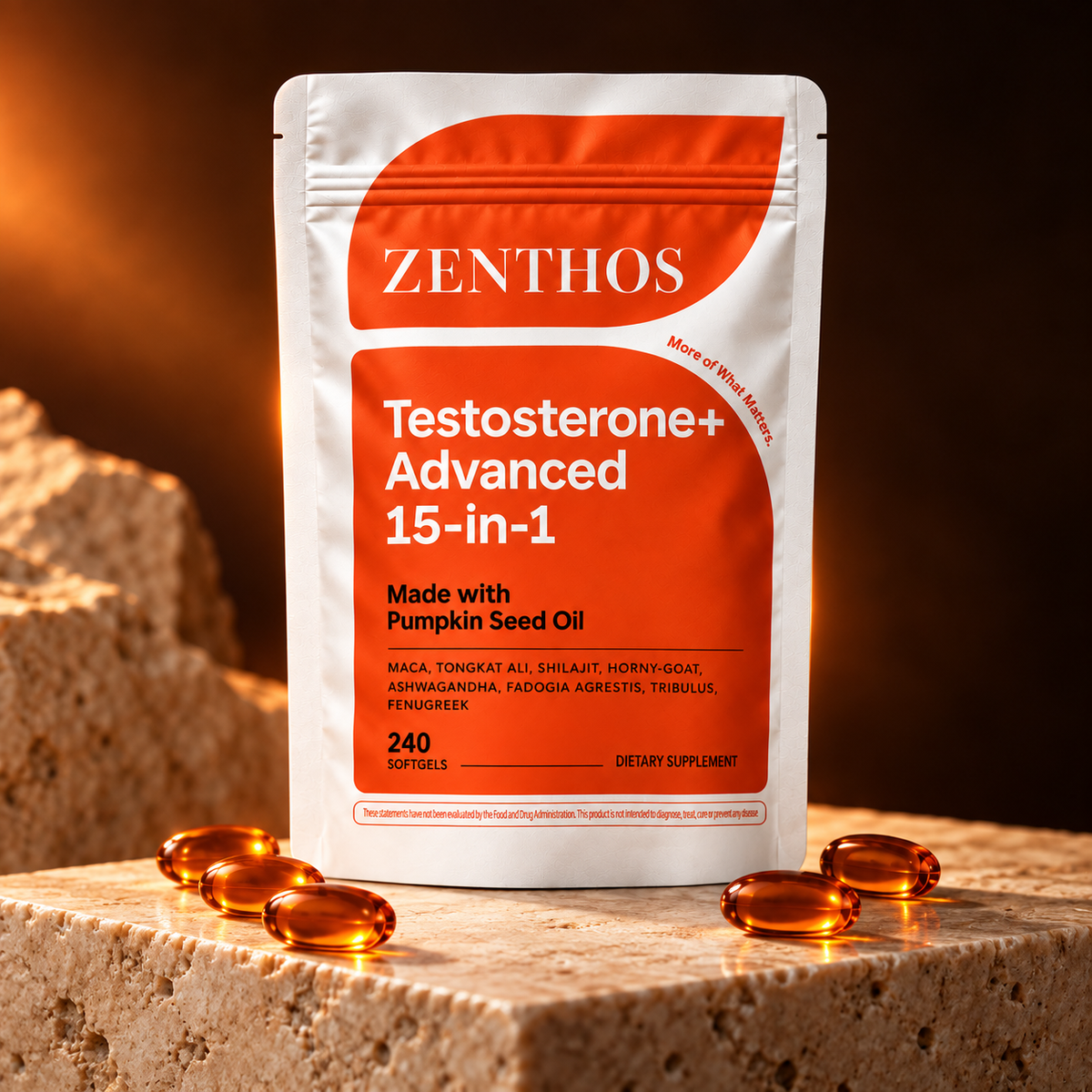 Zenthos Testosterone+ pouch on warm stone with golden softgels