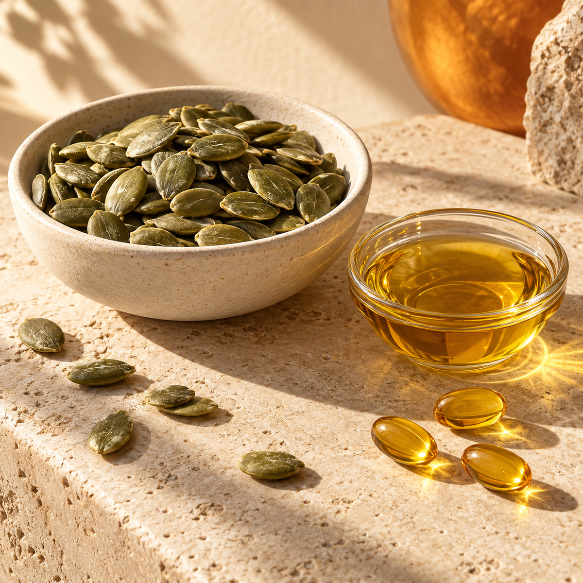 Pumpkin seeds, golden oil and softgels on warm stone